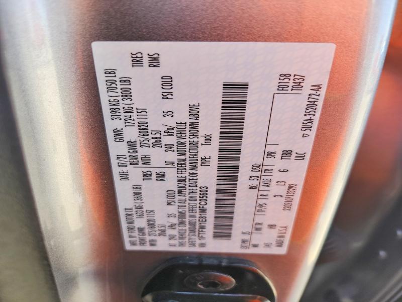 Продаж на аукціоні авто 2021 Ford F150, vin: 1FTFW1E81MFC05603, номер лоту: 47995136