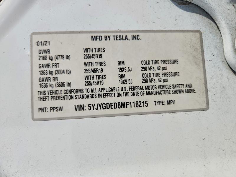 Продажа на аукционе авто 2021 Tesla Model Y, vin: 5YJYGDED6MF116215, номер лота: 45444466