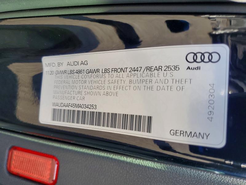 2021 Audi A4 მანქანა იყიდება აუქციონზე, vin: WAUDAAF45MA034253, აუქციონის ნომერი: 47760326