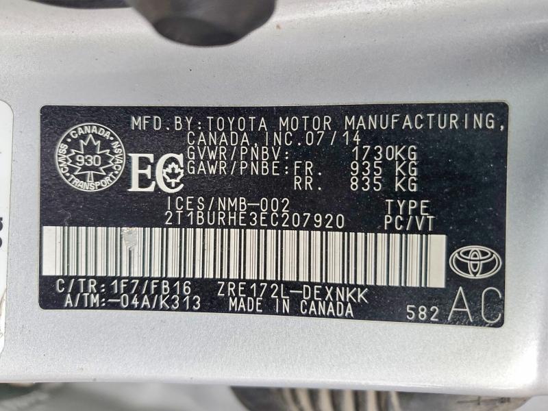2014 Toyota Corolla მანქანა იყიდება აუქციონზე, vin: 2T1BURHE3EC207920, აუქციონის ნომერი: 79814105