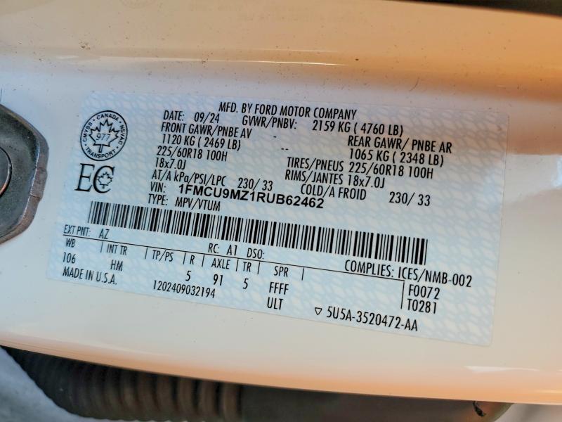 47096546 :رقم المزاد ، 1FMCU9MZ1RUB62462 vin ، 2024 Ford Escape مزاد بيع