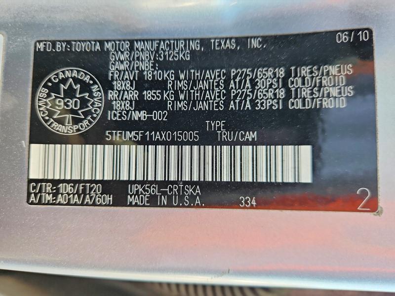 47438936 :رقم المزاد ، 5TFUM5F11AX015005 vin ، 2010 Toyota Tundra مزاد بيع
