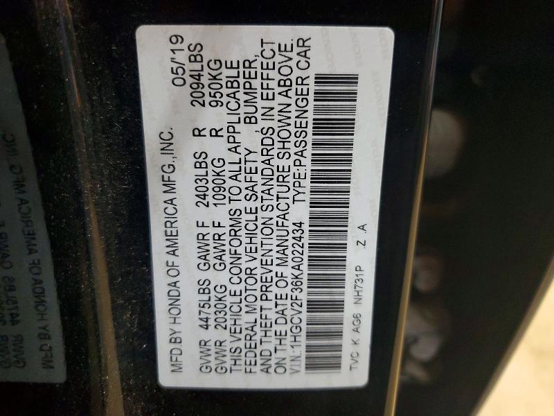 Продаж на аукціоні авто 2019 Honda Accord, vin: 1HGCV2F36KA022434, номер лоту: 79945105