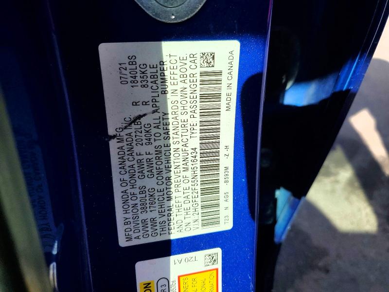 2022 Honda Civic მანქანა იყიდება აუქციონზე, vin: 2HGFE2F55NH516434, აუქციონის ნომერი: 79665385