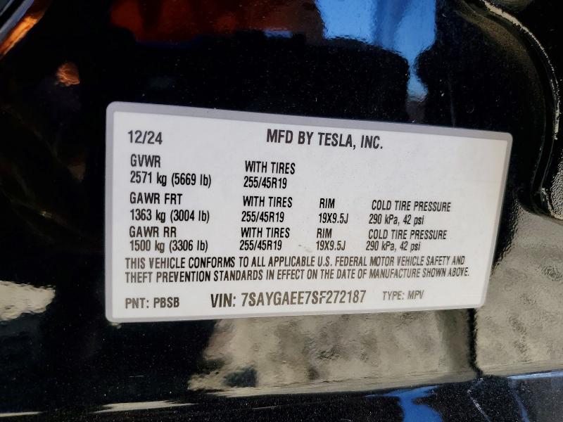 46193906 :رقم المزاد ، 7SAYGAEE7SF272187 vin ، 2025 Tesla Model Y مزاد بيع