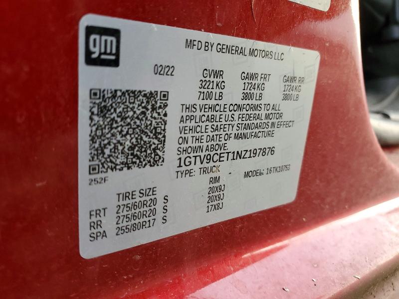 46226706 :رقم المزاد ، 1GTV9CET1NZ197876 vin ، 2022 Gmc Sierra Limited مزاد بيع