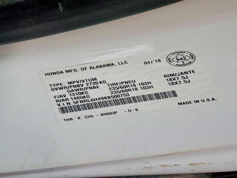 Продажа на аукционе авто 2019 Honda Odyssey, vin: 5FNRL6H49KB500753, номер лота: 47235066