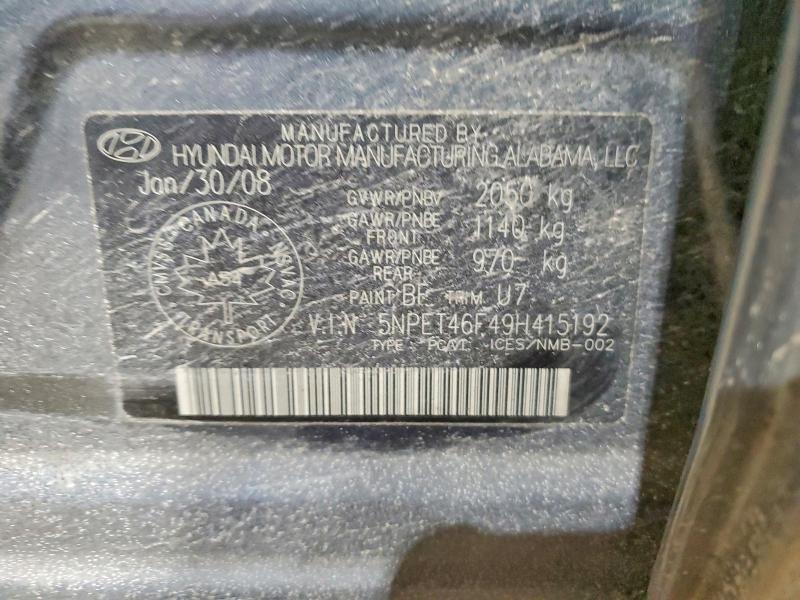 2009 Hyundai Sonata მანქანა იყიდება აუქციონზე, vin: 5NPET46F49H415192, აუქციონის ნომერი: 41591896