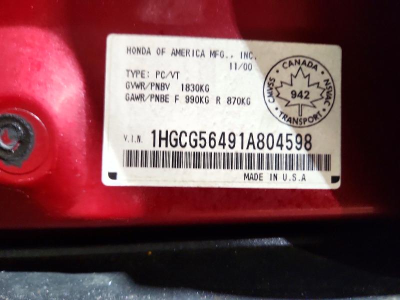 45951206 :رقم المزاد ، 1HGCG56491A804598 vin ، 2001 Honda Accord Lx 4dr مزاد بيع