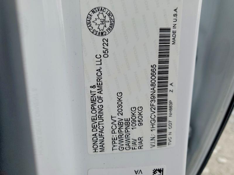 46723326 :رقم المزاد ، 1HGCV2F39NA800665 vin ، 2022 Honda Accord مزاد بيع