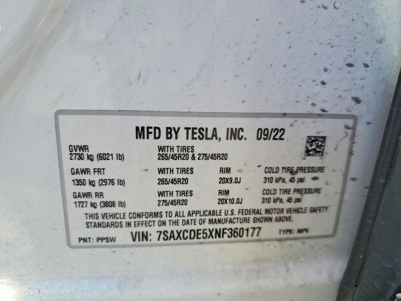 41601936 :رقم المزاد ، 7SAXCDE5XNF360177 vin ، 2022 Tesla Model X مزاد بيع