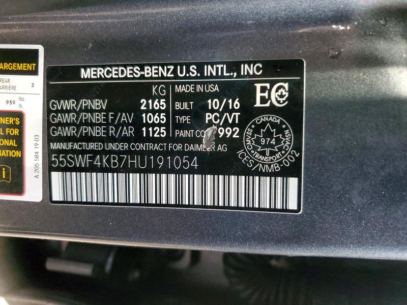 Aukcja sprzedaży 2017 Mercedes-benz C, vin: 55SWF4KB7HU191054, numer aukcji: 41619066