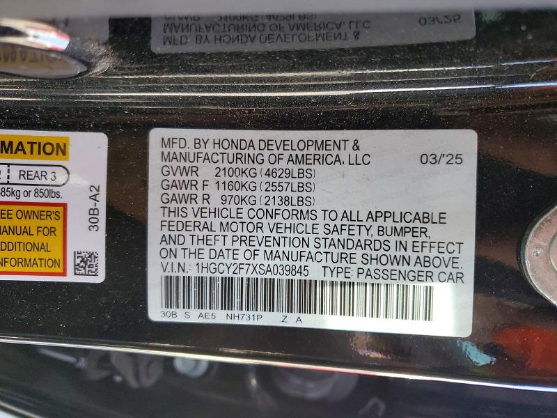 Aukcja sprzedaży 2025 Honda Accord, vin: 1HGCY2F7XSA039845, numer aukcji: 47110306