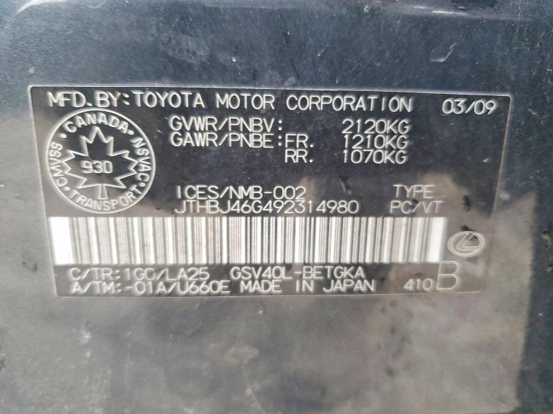 Aukcja sprzedaży 2009 Lexus Es 350, vin: JTHBJ46G492314980, numer aukcji: 47557796