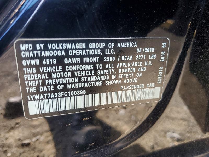 Продажа на аукционе авто 2015 Volkswagen Passat, vin: 1VWAT7A33FC100398, номер лота: 48247846