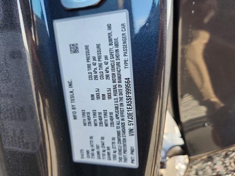 2025 Tesla Model 3 მანქანა იყიდება აუქციონზე, vin: 5YJ3E1EA5SF999564, აუქციონის ნომერი: 79369605