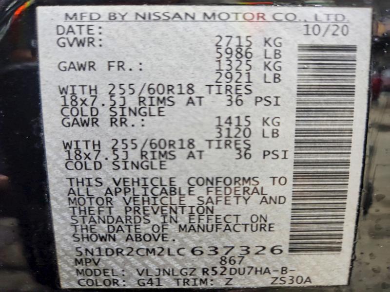 Aukcja sprzedaży 2020 Nissan Pathfinder, vin: 5N1DR2CM2LC637326, numer aukcji: 47936066