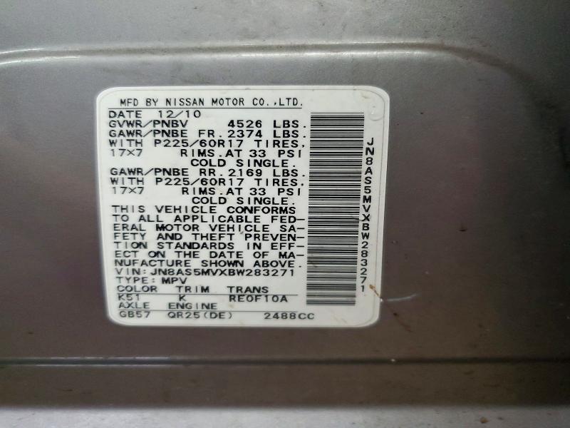 47620616 :رقم المزاد ، JN8AS5MVXBW283271 vin ، 2011 Nissan Rogue مزاد بيع