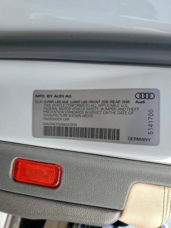 Продаж на аукціоні авто 2022 Audi A5, vin: WAUFACF52NA017974, номер лоту: 47932596