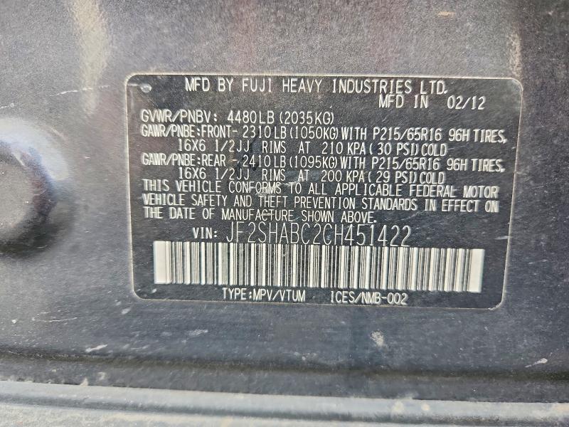 Aukcja sprzedaży 2012 Subaru Forester, vin: JF2SHABC2CH451422, numer aukcji: 46427366