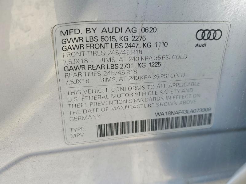 Продаж на аукціоні авто 2020 Audi A4 Allroad, vin: WA18NAF43LA073909, номер лоту: 45506356
