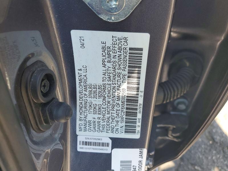 47137616 :رقم المزاد ، 19XFC2F8XME002569 vin ، 2021 Honda Civic مزاد بيع