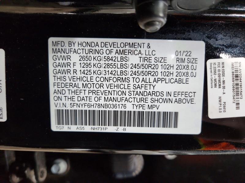 Продажа на аукционе авто 2022 Honda Pilot, vin: 5FNYF6H78NB036176, номер лота: 45480136