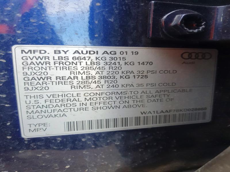 47467296 :رقم المزاد ، WA1LAAF78KD028669 vin ، 2019 Audi Q7 مزاد بيع