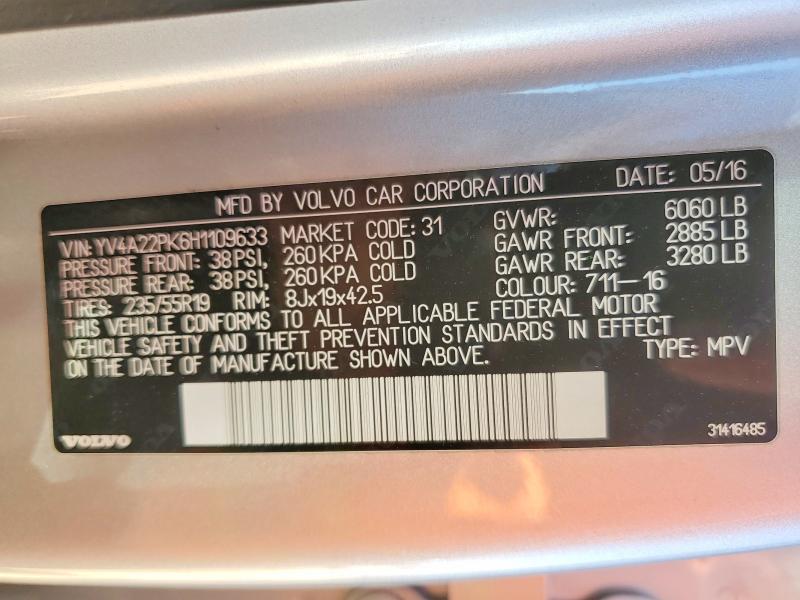 Продаж на аукціоні авто 2017 Volvo Xc90, vin: YV4A22PK6H1109633, номер лоту: 47303346