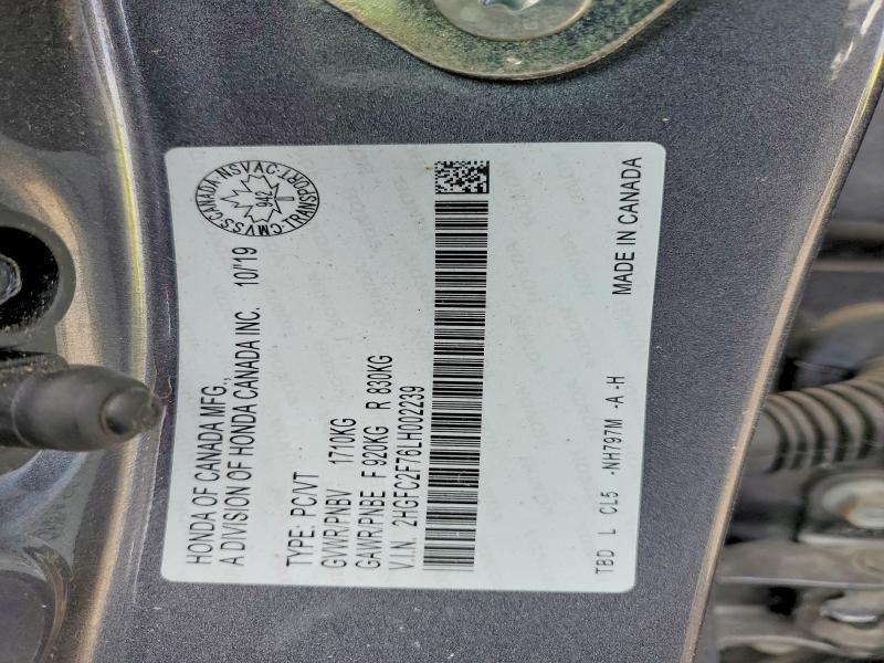 Aukcja sprzedaży 2020 Honda Civic, vin: 2HGFC2F76LH002239, numer aukcji: 45462516