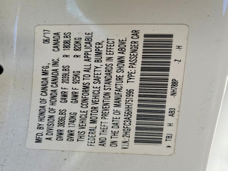 2017 Honda Civic მანქანა იყიდება აუქციონზე, vin: 2HGFC3A56HH751996, აუქციონის ნომერი: 45524566