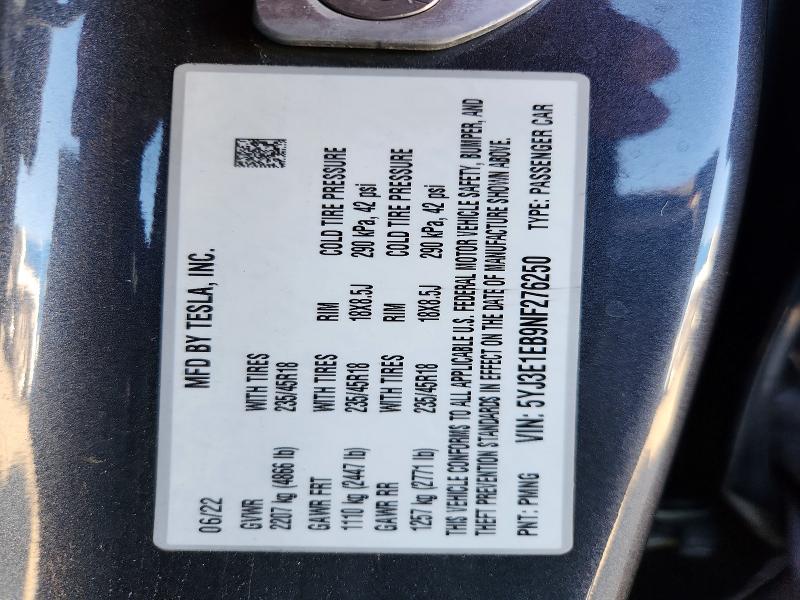 45871436 :رقم المزاد ، 5YJ3E1EB9NF276250 vin ، 2022 Tesla Model 3 مزاد بيع