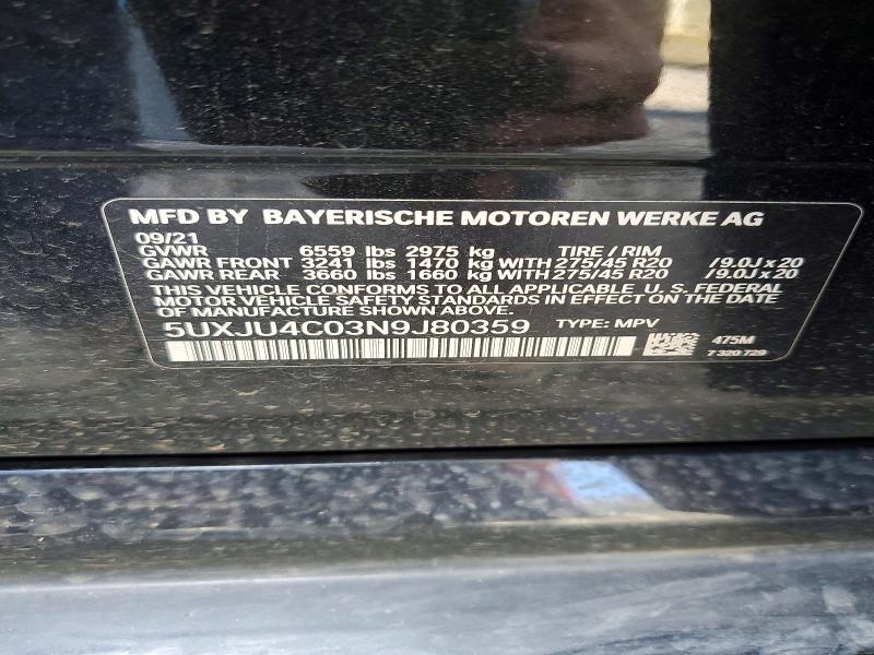 2022 Bmw X5 მანქანა იყიდება აუქციონზე, vin: 5UXJU4C03N9J80359, აუქციონის ნომერი: 41963186