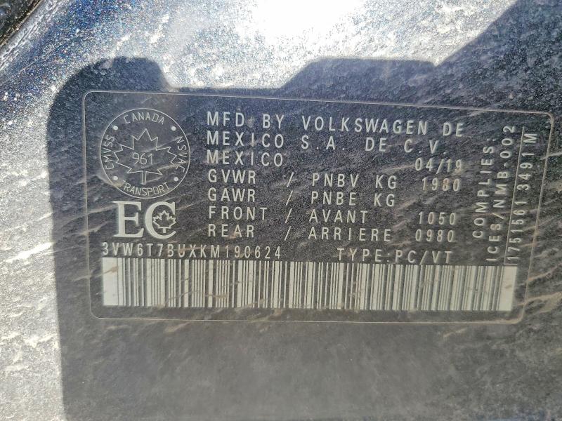 95467545 :رقم المزاد ، 3VW6T7BUXKM190624 vin ، 2019 Volkswagen Jetta مزاد بيع