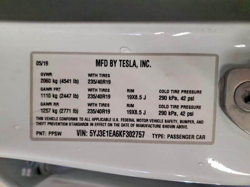 Продаж на аукціоні авто 2019 Tesla Model 3, vin: 5YJ3E1EA6KF302757, номер лоту: 45945956