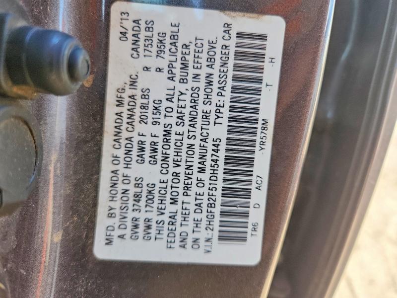 Продаж на аукціоні авто 2013 Honda Civic, vin: 2HGFB2F51DH547445, номер лоту: 45592286