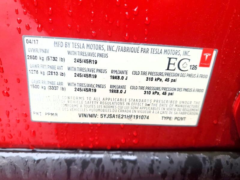 45591256 :رقم المزاد ، 5YJSA1E21HF191074 vin ، 2017 Tesla Model S مزاد بيع