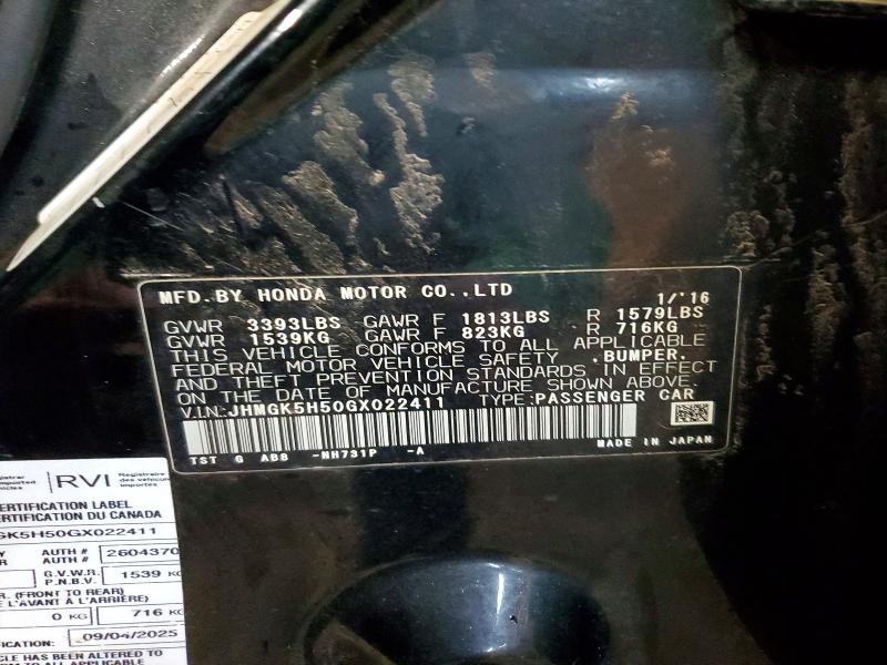 45994736 :رقم المزاد ، JHMGK5H50GX022411 vin ، 2016 Honda Fit مزاد بيع