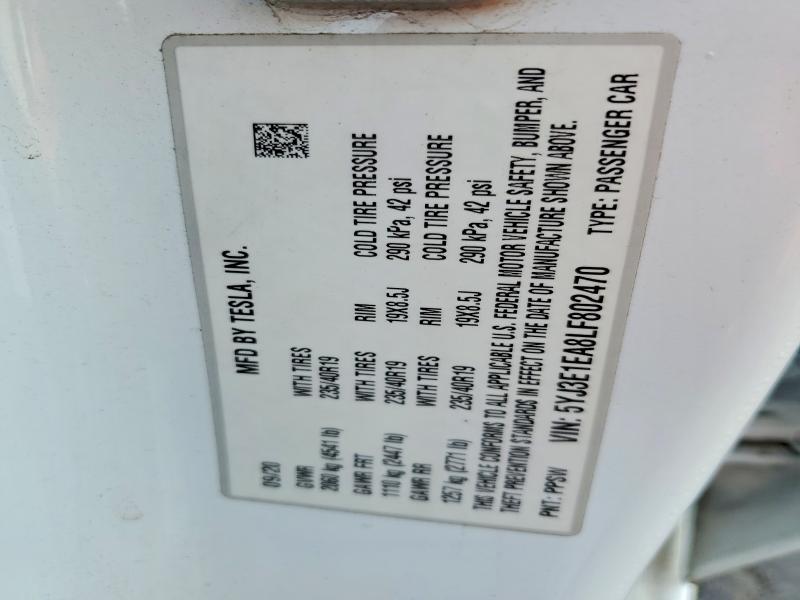 41811826 :رقم المزاد ، 5YJ3E1EA8LF802470 vin ، 2020 Tesla Model 3 مزاد بيع