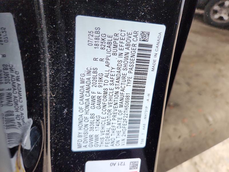 Продаж на аукціоні авто 2026 Honda Civic, vin: 2HGFE2F22TH506981, номер лоту: 45543926