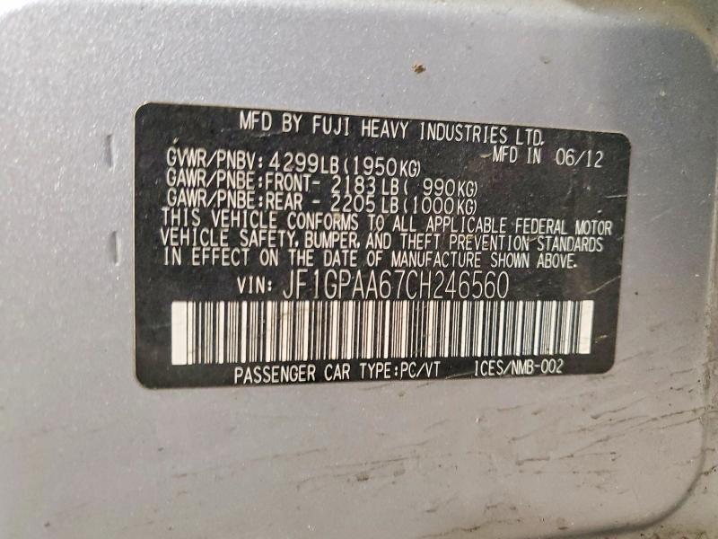 2012 Subaru Impreza მანქანა იყიდება აუქციონზე, vin: JF1GPAA67CH246560, აუქციონის ნომერი: 47965546