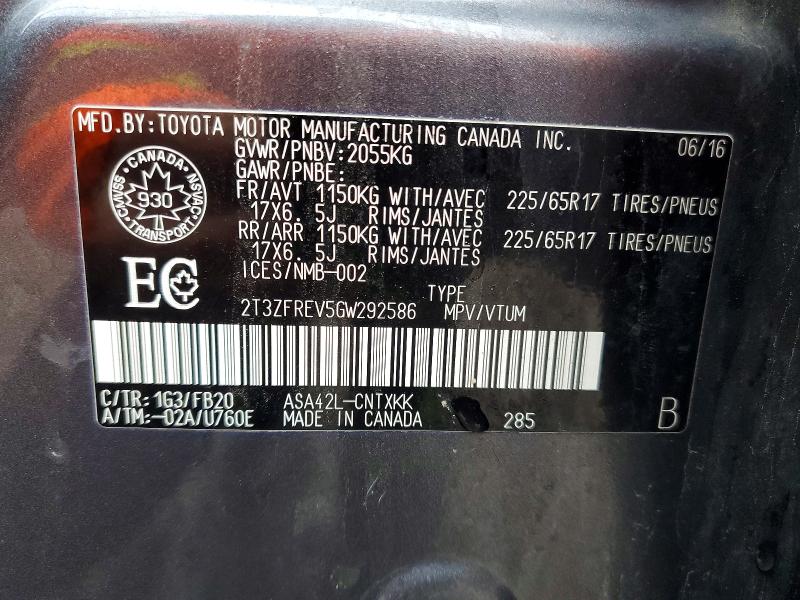 2016 Toyota Rav4 მანქანა იყიდება აუქციონზე, vin: 2T3ZFREV5GW292586, აუქციონის ნომერი: 42057786