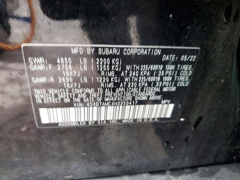 2022 Subaru Outback მანქანა იყიდება აუქციონზე, vin: 4S4BTAMC4N3250417, აუქციონის ნომერი: 46696256