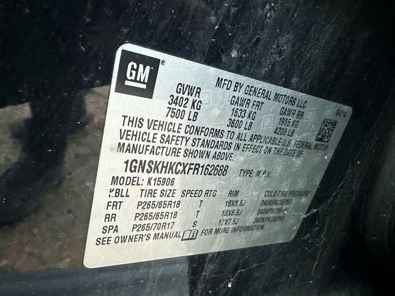 2015 Chevrolet Suburban მანქანა იყიდება აუქციონზე, vin: 1GNSKHKCXFR162688, აუქციონის ნომერი: 47843966
