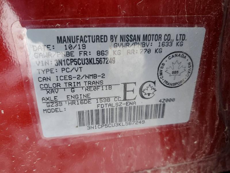 46276266 :رقم المزاد ، 3N1CP5CU3KL567249 vin ، 2019 Nissan Kicks مزاد بيع