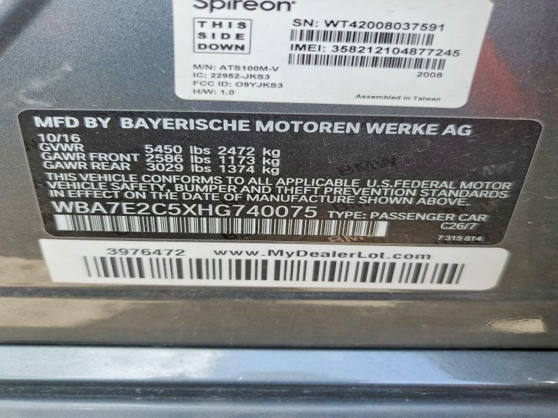2017 Bmw 740 მანქანა იყიდება აუქციონზე, vin: WBA7E2C5XHG740075, აუქციონის ნომერი: 79492055