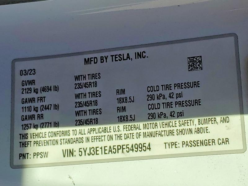 42022656 :رقم المزاد ، 5YJ3E1EA5PF549954 vin ، 2023 Tesla Model 3 مزاد بيع