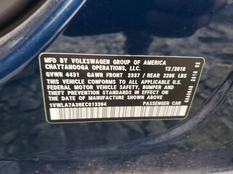 79612145 :رقم المزاد ، 1VWLA7A38KC013394 vin ، 2019 Volkswagen Passat مزاد بيع