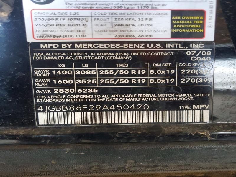 2009 Mercedes-benz Ml მანქანა იყიდება აუქციონზე, vin: 4JGBB86E29A450420, აუქციონის ნომერი: 48456646