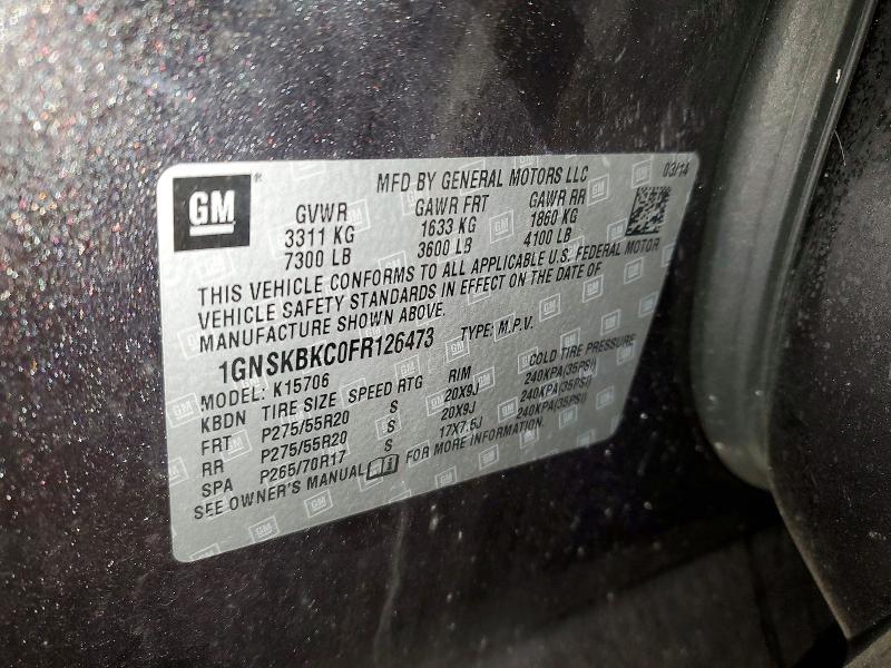 46349566 :رقم المزاد ، 1GNSKBKC0FR126473 vin ، 2015 Chevrolet Tahoe مزاد بيع
